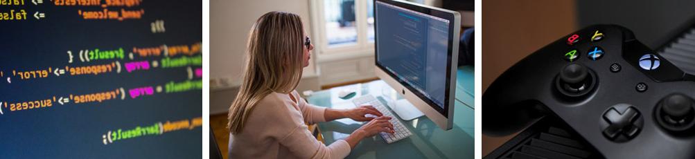 游戏控制器，女人编程，电脑代码在屏幕上